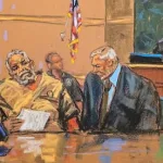 Ilustracion de Ismael El Mayo Zambada durante audiencia judicial en Nueva York
