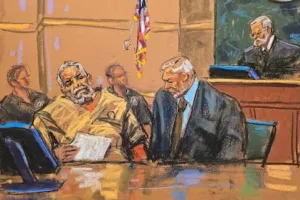 Ilustracion de Ismael El Mayo Zambada durante audiencia judicial en Nueva York