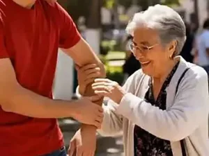 Persona adulta mayor recibe apoyo de un joven en espacio público