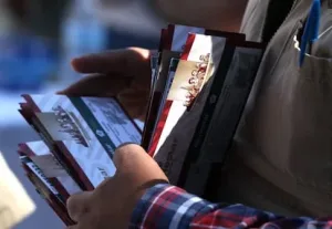 Persona sostiene tarjetas del Banco del Bienestar durante operativo de pago
