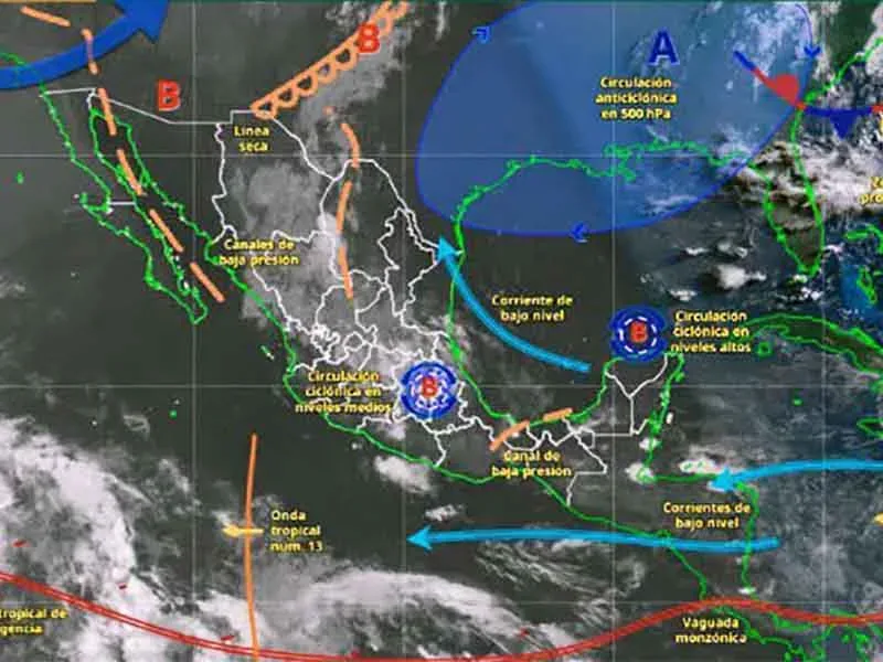 Mapa meteorológico de México con sistemas de lluvia sobre el sureste