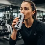 Joven consume bebida energetica durante una rutina de ejercicio