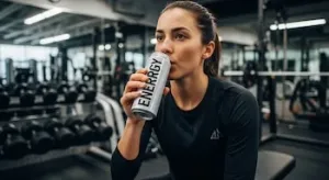 Joven consume bebida energetica durante una rutina de ejercicio